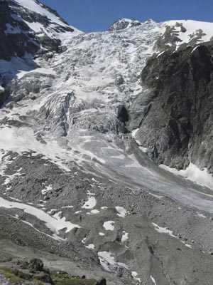 Aussicht unterhalb Plans de Bertol auf den Glacier du Mont Collon, Val d’Arolla, 7.6.2003
