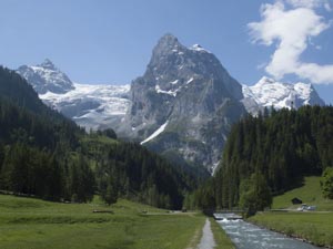 Blick aus dem Reichenbachtal bei Schlänggen auf Dossen (3138 m), Rosenlauigletscher, Wellhorn (3191 m) und Wetterhorn (3692 m), 17.6.2012